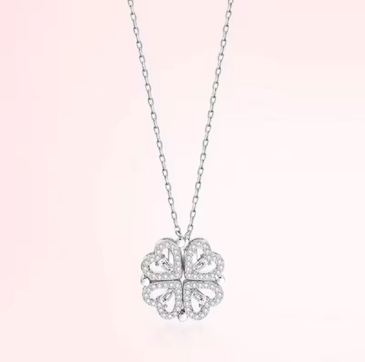 Retro Magnetic Folding Heart Shaped Four Leaf Clover Pendant Necklace Chain Openable Jewelry