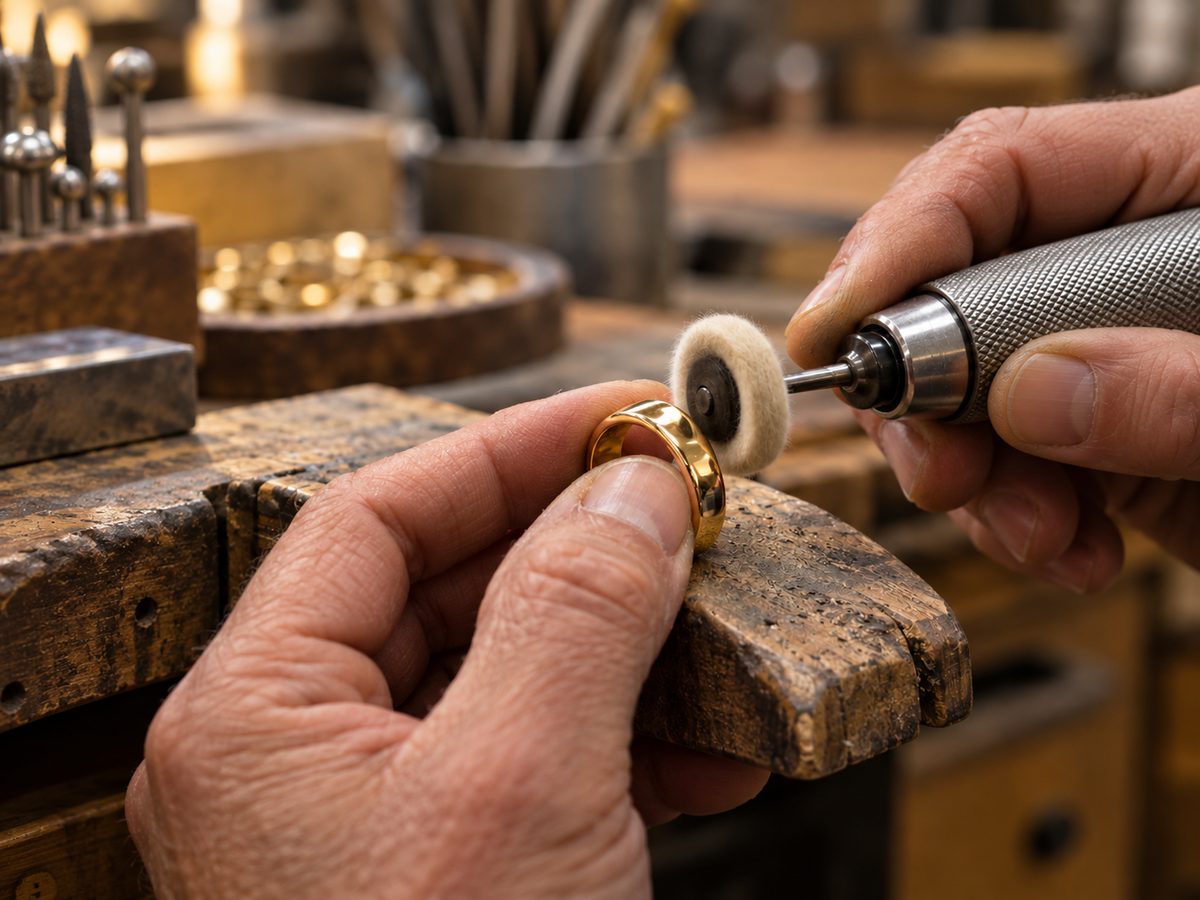 Illustrative close-up of a gold ring being polished at a jewelry workbench