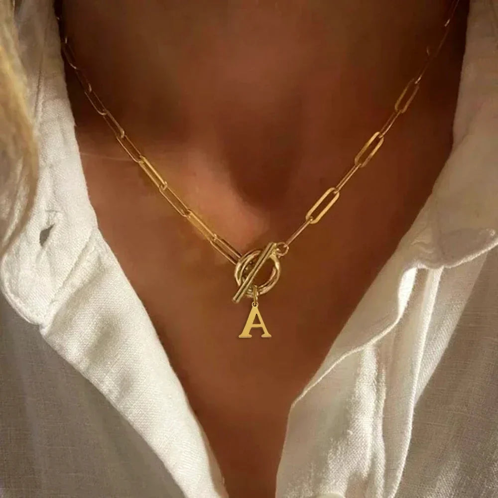 Stainless steel Initial necklace A-Z Letter charms pendant Choker Necklace