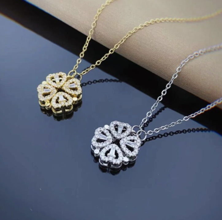 Retro Magnetic Folding Heart Shaped Four Leaf Clover Pendant Necklace Chain Openable Jewelry